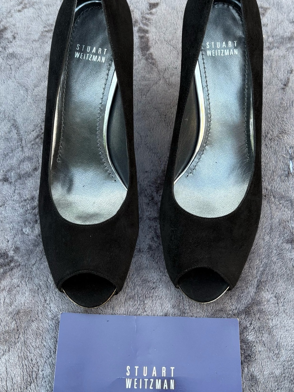 Stuart Weitzman Black Suede Open-Toe Pumps